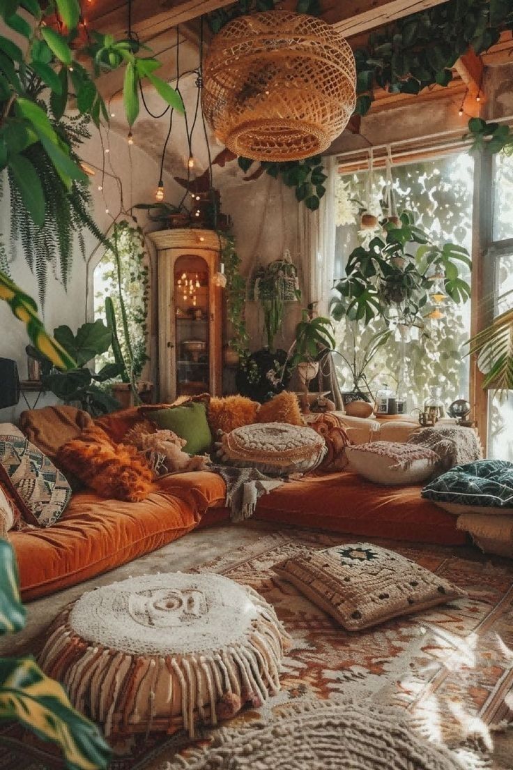 a living room filled with lots of plants and pillows on top of the couches