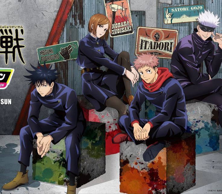 three anime characters sitting on top of boxes with signs in the background that say,