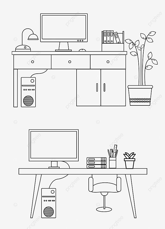 an office desk with computer, monitor, keyboard and plant on it black and white line drawing