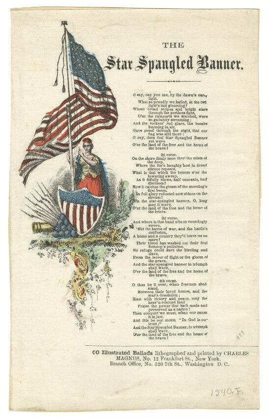 the star spangled banner, with an american flag and a man sitting on a boat