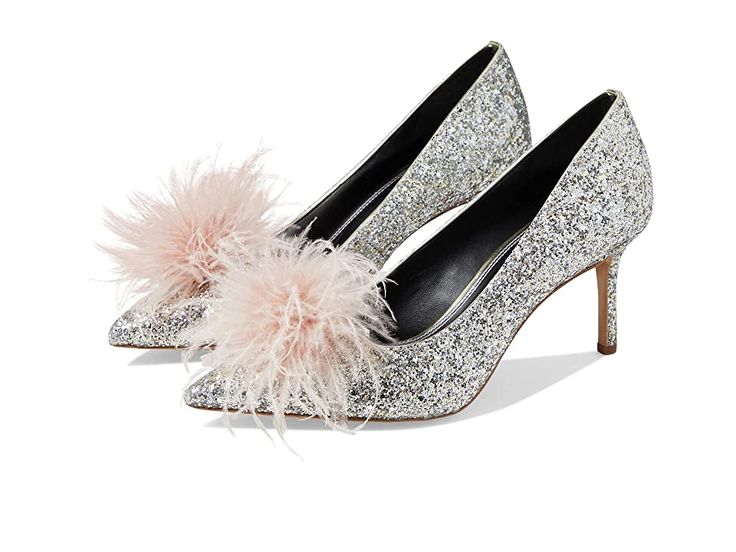 Kate Spade New York Marabou Heel - Women's Shoes : Gold/Silver : Kate Spade New York Marabou Heel is your ticket to the glamorous nightlife of the vogue city. Allover glitter textile upper. Soft leather lining and insole. Slip-on style. A puff of delicate feathers adorns the upper. Point toe construction. Stiletto heels. Leather outsole. Imported. Measurements: Heel Height: 3 in Weight: 9 oz Product measurements were taken using size 9, width M. Please note that measurements may vary by size. We Elegant Synthetic Heels For Winter, Chic Spring Heels With Shimmer, Chic Shimmer Heels For Spring, Elegant Sparkling Heels For Winter, Winter Party Heels With Low Heel, Sparkling Heels For Winter Party, Glamorous Winter Heels With Sequins, Embellished Heels For Formal Occasions In Fall, Winter Party Low Heel Shoes