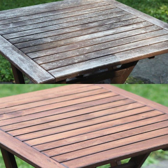 two pictures of an old wooden table before and after being refinished