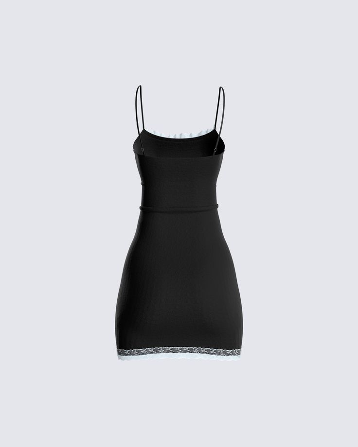 Wearing this sexy LBD will have all eyes on you 😍 Made from slinky jersey fabric, featuring adjustable straps, blue lace at the neckline and hem, and a bodycon fit - this dress is the perfect staple 🖤 Fitted Cami Bodycon Dress With Built-in Bra, Mini Slip Dress With Lace Trim For Night Out, Lace Trim Mini Slip Dress For Night Out, Mini Length Lace Trim Slip Dress For Night Out, Flirty Sleeveless Slip Dress With Lace Trim, Flirty Fitted Camisole With Lace Trim, Fitted Mini Slip Dress With Delicate Straps, Sleeveless Slip Dress With Contrast Lace For Night Out, Sleeveless Contrast Lace Slip Dress For Night Out