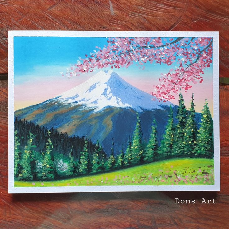 a painting of a mountain with trees in the foreground and pink flowers on it