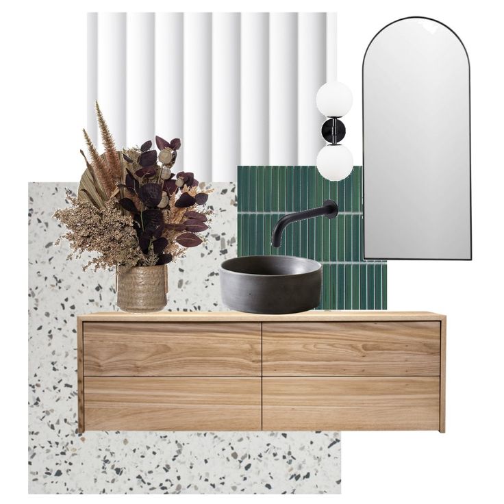 an image of a bathroom setting with green tile and wood accents on the countertop