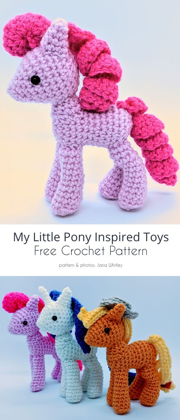 crocheted pony toy is shown with the text, my little pony inspired toys free crochet pattern