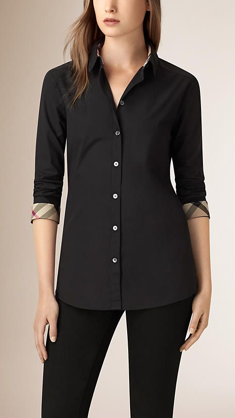 Black Check Detail Stretch-cotton Shirt - Image 1 Burberry Outfits Women, Burberry Shirt Women, Casual Leather Jacket Outfit, Gingham Outfit, Crochet Top Outfit, Burberry Shirts, Wedding Saree Blouse Designs, Burberry Shirt, Casual College Outfits