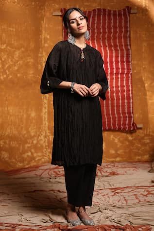 Black crinkled kimono kurta with embroidered button detailing on neckline. Comes with pant. - Aza Fashions Luxury Black Bohemian Kurta, Unstitched Black Cotton Kurta, Semi-stitched Black Chanderi Kurta, Bohemian Embroidered Black Kurta, Black Embroidered Straight Kurta, Kurta Women, Kurta For Women, Kurta With Pants, Fashion App