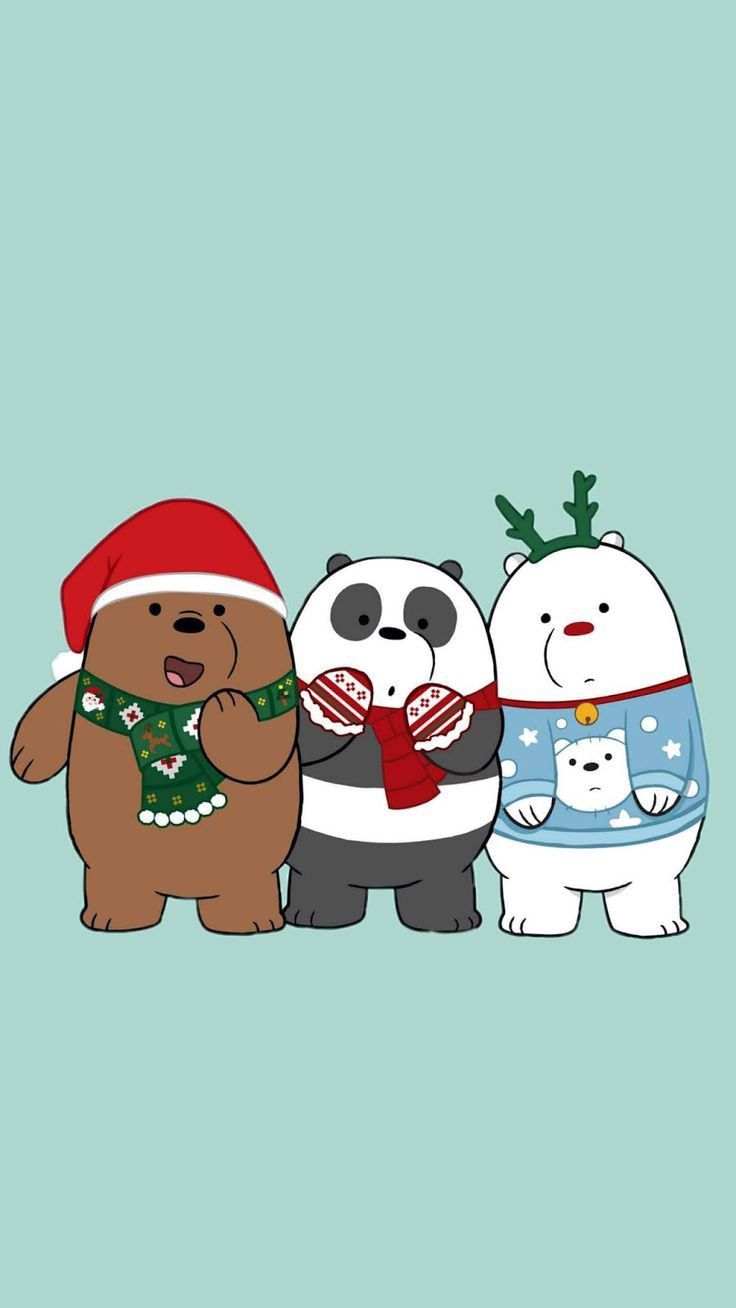 three cartoon bears are wearing christmas clothes and one has a santa hat on his head