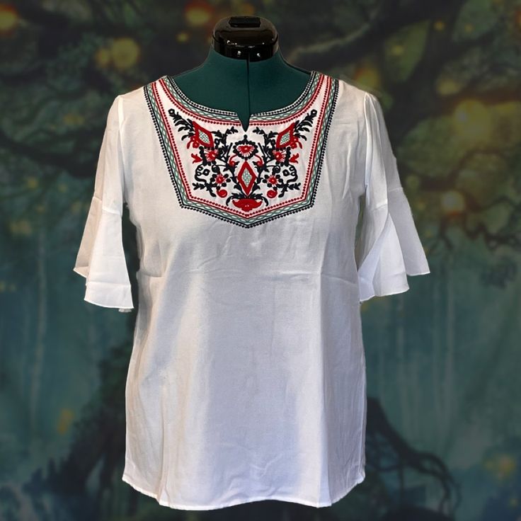 Cute Flowy Blouse With Gorgeous Embroidered Bib And Short Bell Sleeves. 100% Polyester, Comes From A Smoke-Free Home. Fast Shipper! Don't See Your Size? Let Me Know And I Can Usually Restock Within 7 Days. White Short Sleeve Top With Embroidered Hem, White Embroidered Hem Top With Short Sleeves, White Folk Style V-neck Blouse, White Casual Top With Embroidered Neckline, Casual White Tops With Embroidered Neckline, Casual White Top With Embroidered Neckline, Casual Top With Embroidered Short Sleeves, Casual Tops With Embroidered Short Sleeves, Casual Embroidered Short Sleeve Top