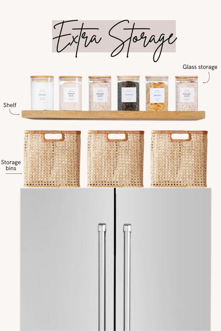 an extra storage shelf with baskets and jars on it next to a stainless steel refrigerator