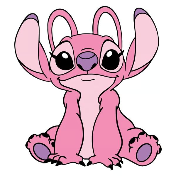 a pink cartoon character sitting on the ground with big eyes and ears, looking to the side