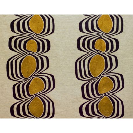 two pieces of art work with gold and black stripes on white fabric, one has an oval