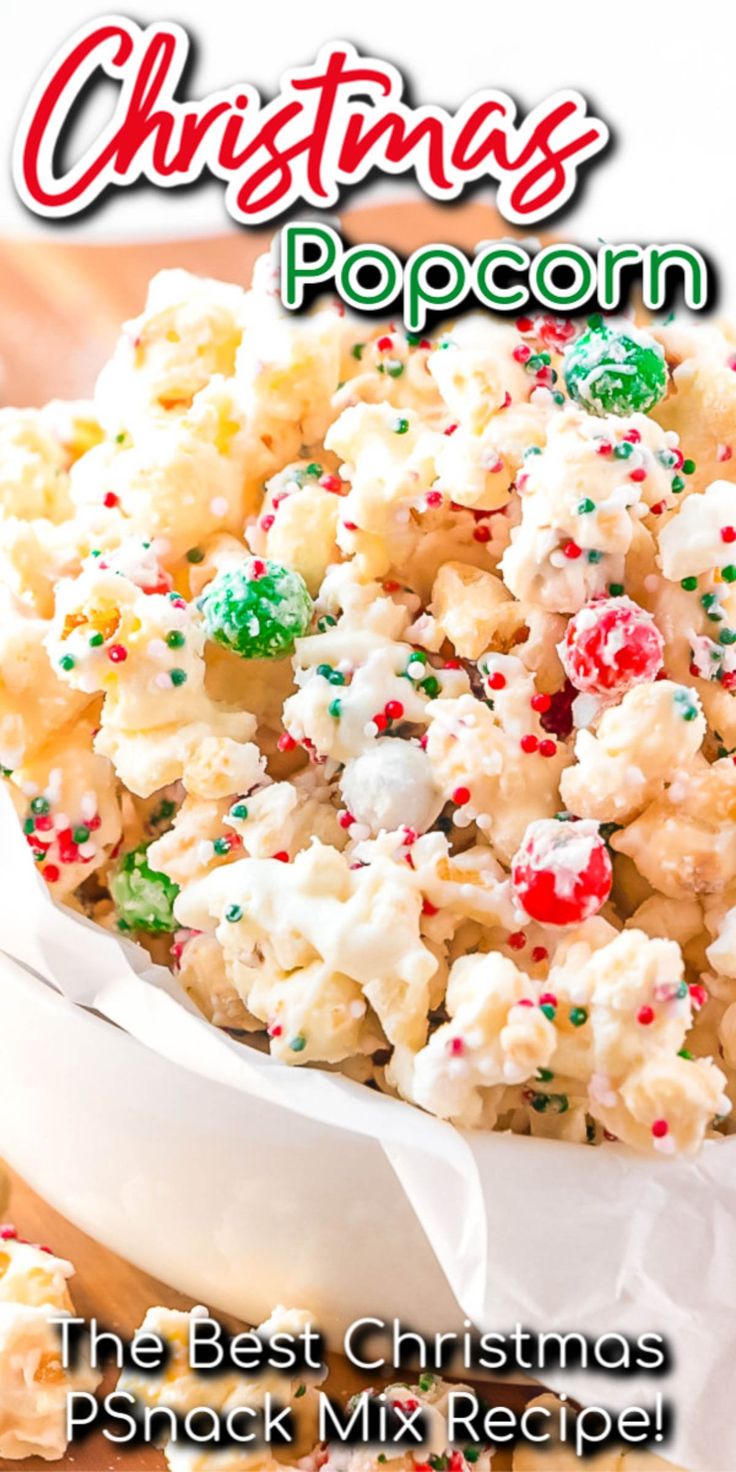 christmas popcorn in a white bowl with sprinkles