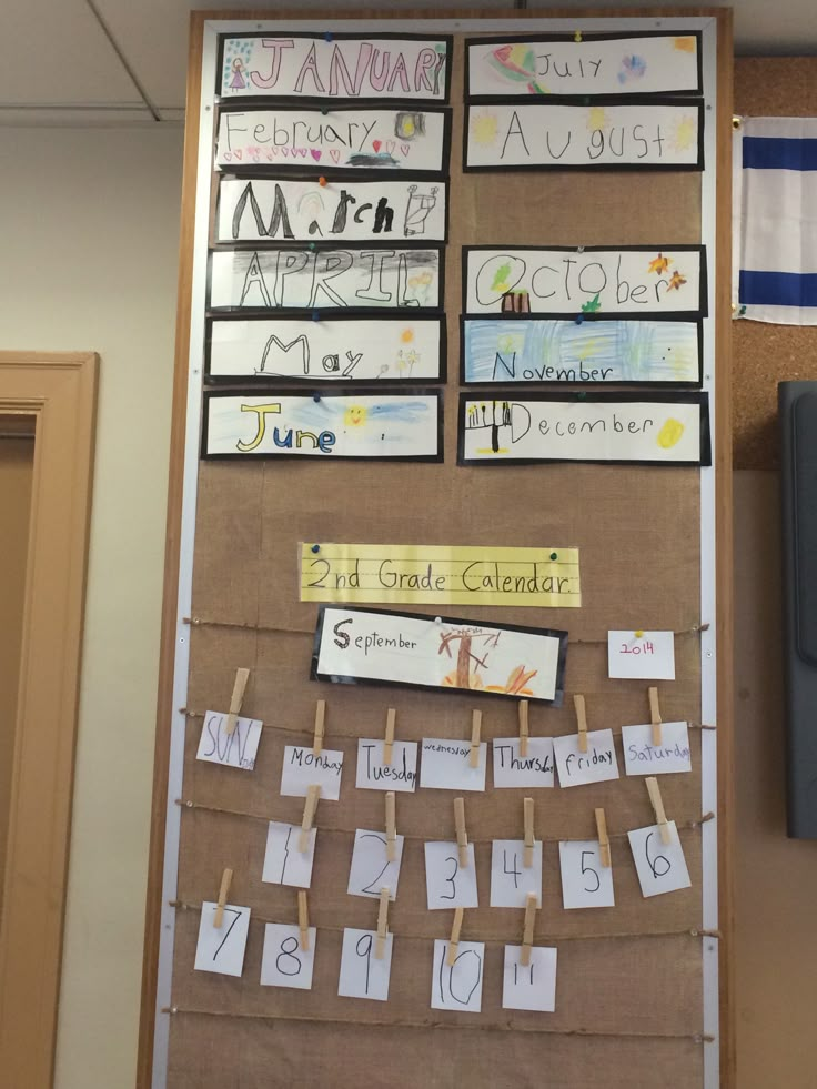 a bulletin board with calendars and clothes pins