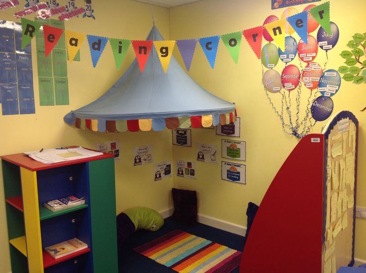 a child's playroom with toys and decorations on the walls, including a tent