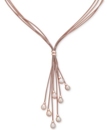 Cultured Freshwater Pearl (6-1/2 mm) Multi-Strand 18" Lariat Necklace in 14k Gold-Plated Sterling Silver - Rose Gold Elegant Long Drop Rose Gold Necklace, Elegant Rose Gold Long Drop Necklace, Rose Gold Lariat Necklace For Formal Occasions, Elegant Rose Gold Lariat Necklace, Elegant Dangle Jewelry From Macy's, Elegant Rose Gold Lariat Drop Necklace, Luxury Rose Gold Lariat Necklace, Luxury Rose Gold Lariat Jewelry, Macy's Elegant Dangle Jewelry