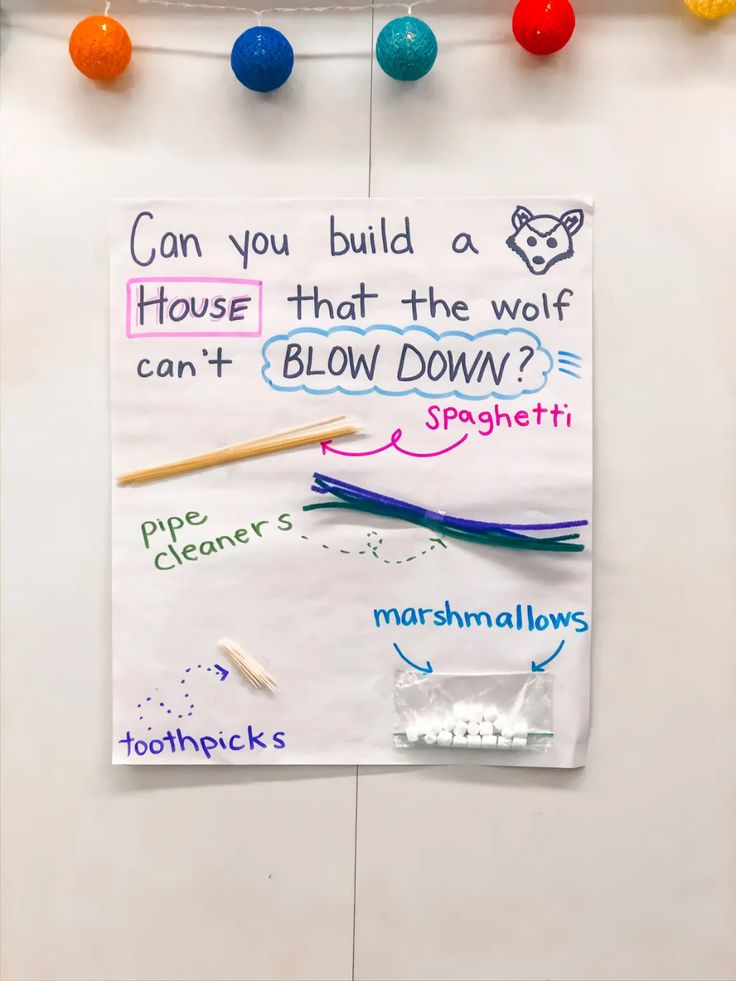 a bulletin board with writing on it that says can you build a house that the wolf can't blow down?