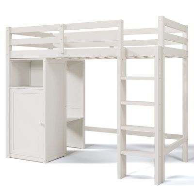 a white loft bed with a desk underneath it and storage compartment below the top bunk