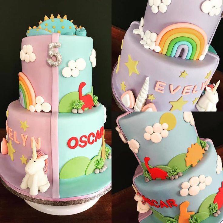 three tiered cakes decorated with unicorns, rainbows and stars are on display