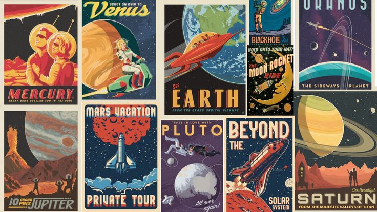 an image of vintage space travel posters