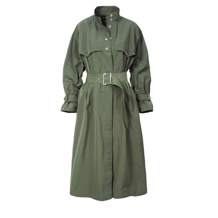 Trench coat with a unique cut-up collar, sewn from a high-quality cotton-nylon blend. Memory fabric allows emphasizing the spatial form of the coat. Loose form widening downwards. The whole fastened with silver snaps. A deep box pleat on the back. Decorative yokes on the back and front are fastened with snaps. Generous sleeves finished with belt loops and a strap for adjusting the width of the sleeve at the bottom. Waist underlined by a belt with a metal buckle. Deep pockets finished with flaps Rain Trench Coat, Khaki Trench, Khaki Trench Coat, Box Pleats, Independent Designers Fashion, Trench Coats, Badger, Evening Wear, The Whole