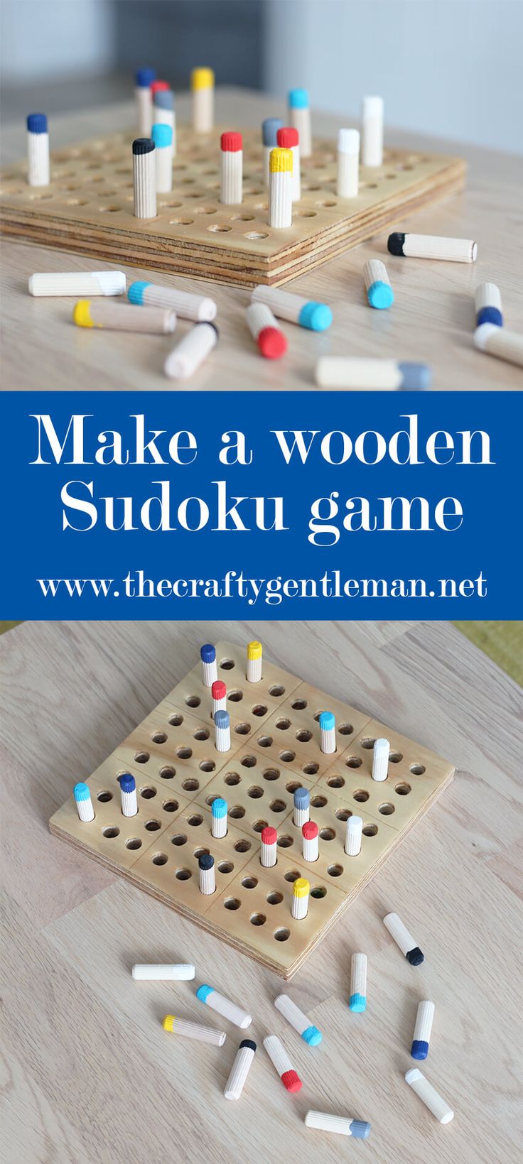 make a wooden sudokuku game with crayons and pegs on the table