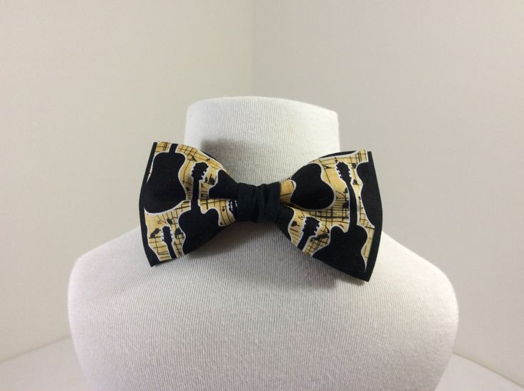 Guitar and Music bow tie by Sewluv2create on Etsy Black And Gold Bow Tie, Bow Tie Butterfly, Dapper Semi-formal Tie With Bow Tie Back, Fitted Butterfly Knot Bow Tie For Black-tie Events, Black Butterfly Knot Bow Tie, Guitar Print, Double Bow, Music Lover, Tie Accessories