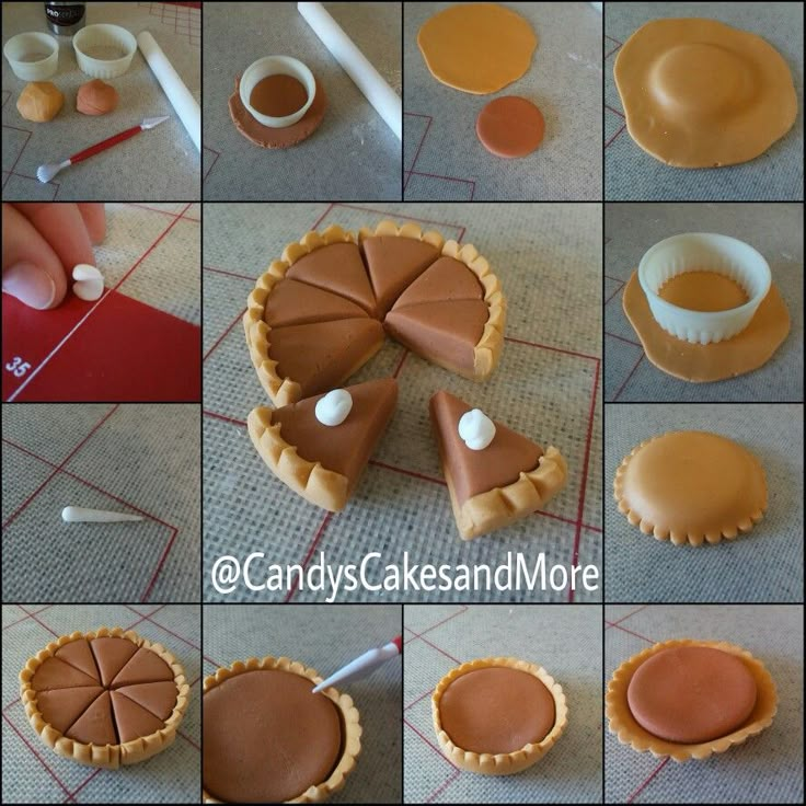 there are many different types of pies on the table and one is made out of fondant