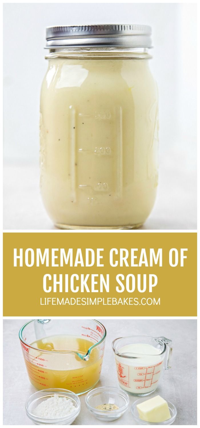 homemade cream of chicken soup in a mason jar with ingredients to make it and the recipe below