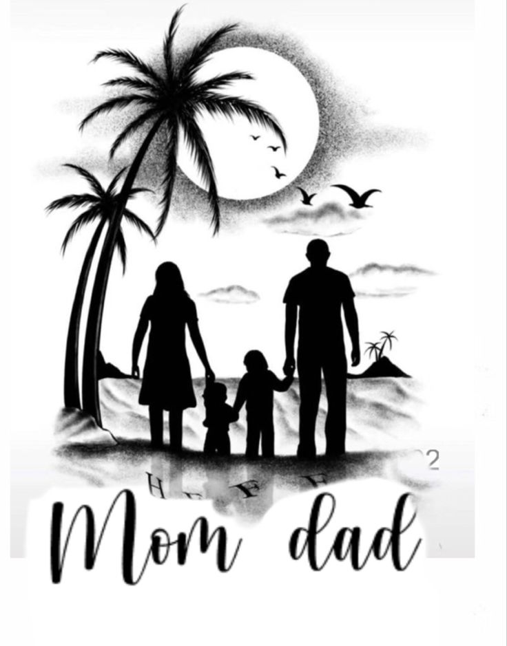 a drawing of a family on the beach with palm trees and moon in the background