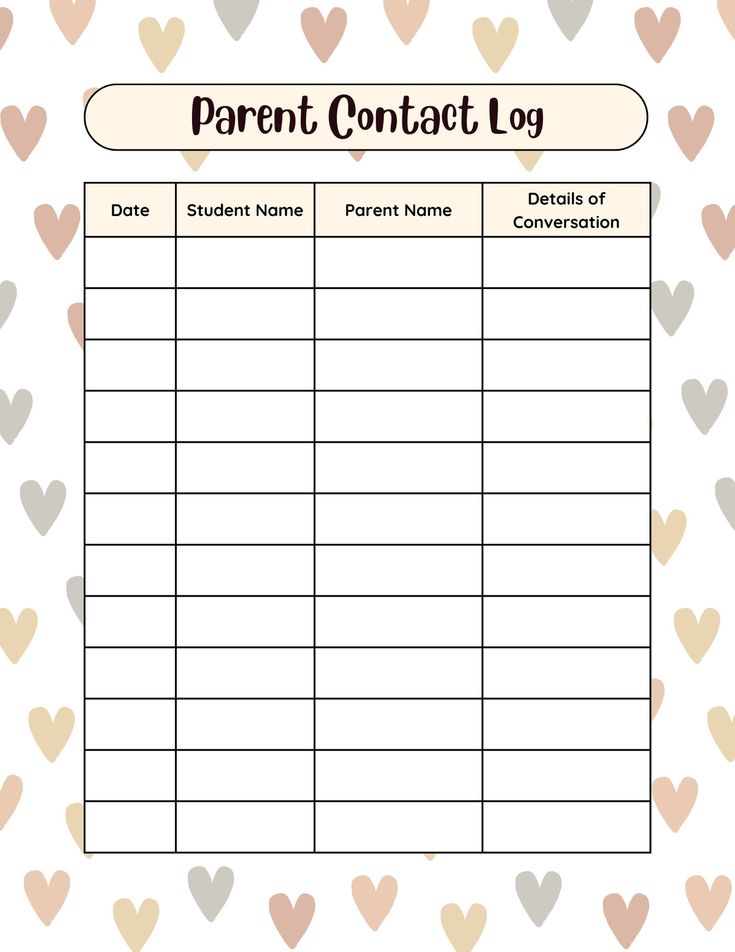 a printable parent contact log with hearts in the background