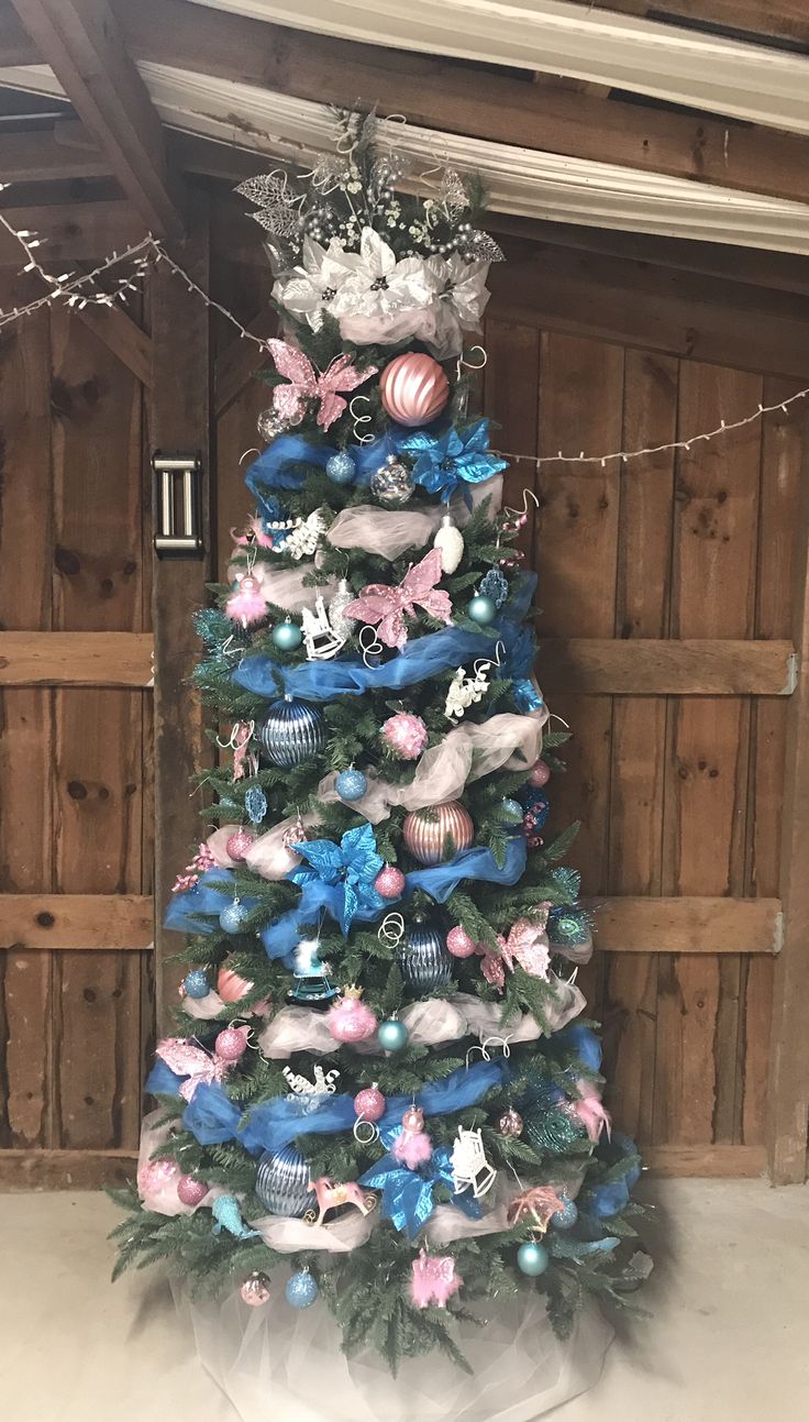 a decorated christmas tree with blue and pink ornaments