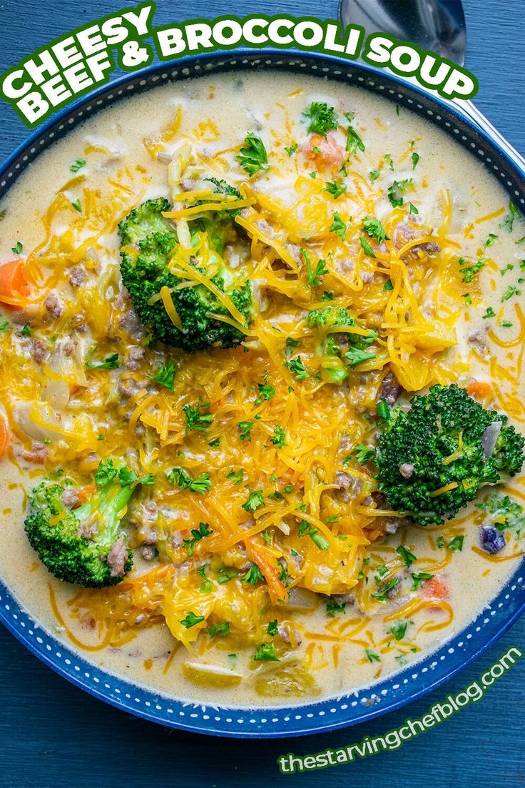 broccoli and cheese soup in a blue bowl