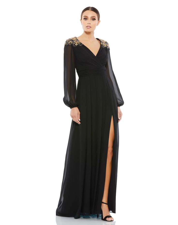 Evening Gowns With Sleeves, Mother Of The Bride Outfit, Unique Prom Dresses, Bride Clothes, Chiffon Gown, Mac Duggal, Mother Of The Bride Dress, Chiffon Long Sleeve, Gowns With Sleeves