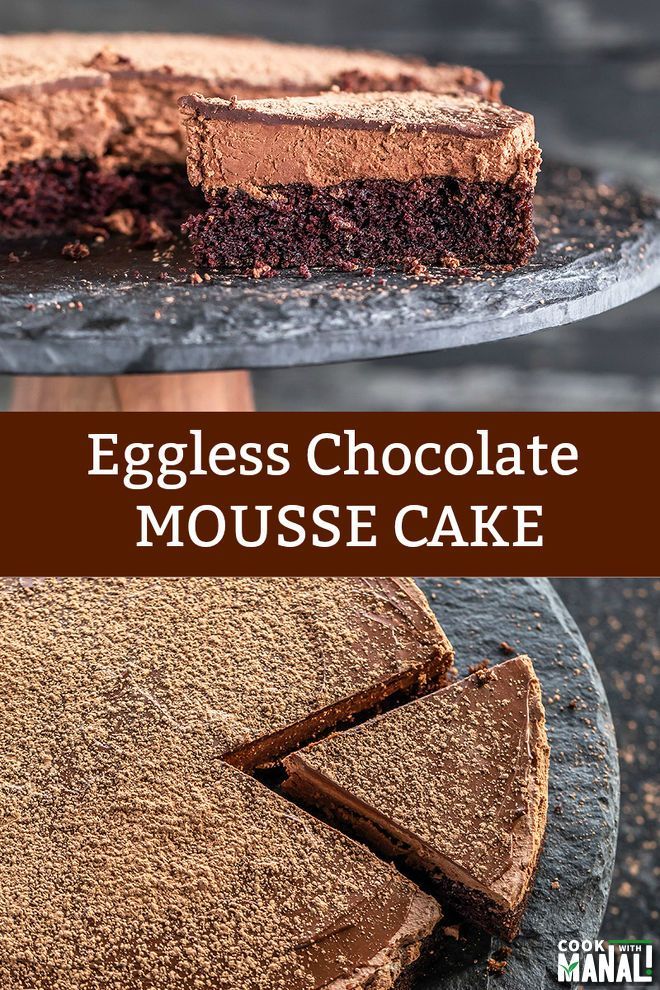 an eggless chocolate mousse cake with one slice cut out and the other half eaten