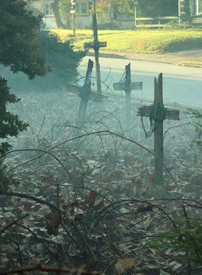 a cross in the middle of a field that is smogged with leaves and grass