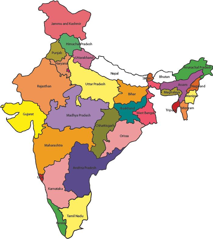 a map of india with all the states colored in different colors