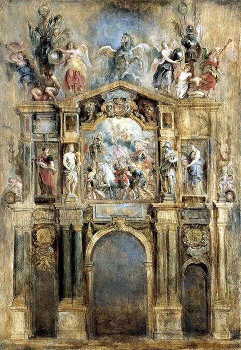 an ornate painting with angels and other figures on the wall, above a doorway that leads to another room