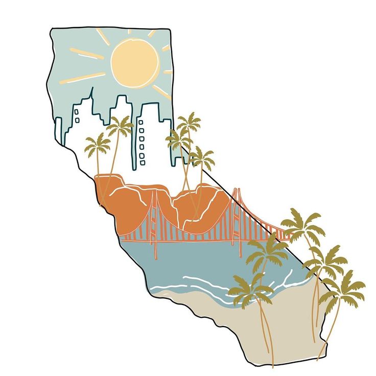 an illustrated map of the state of california with palm trees and buildings in the background