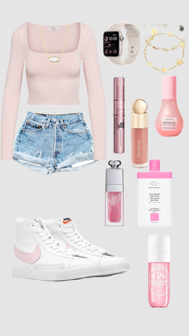 the contents of a woman's pink top, jeans shorts and sneakers