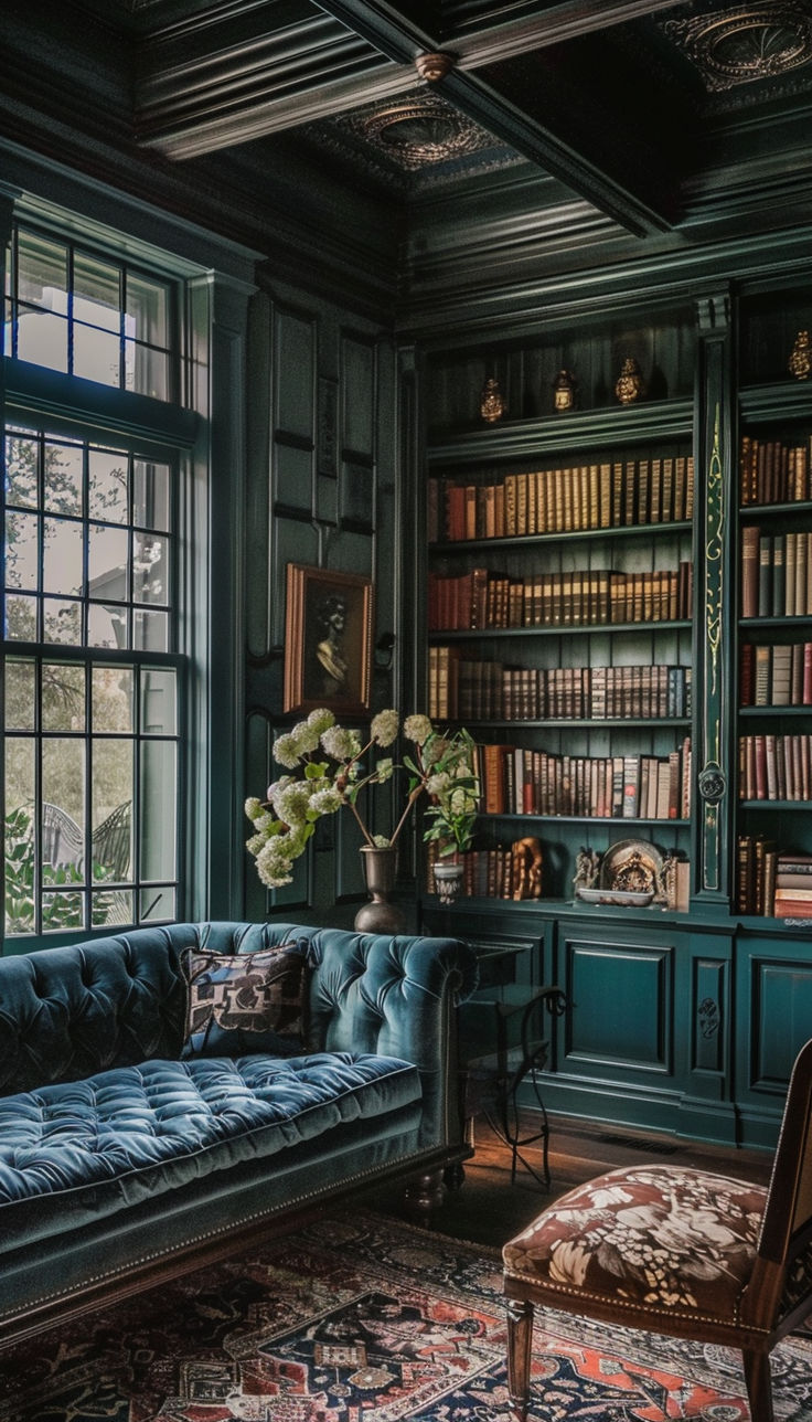 a living room filled with furniture and bookshelves next to a window covered in lots of books