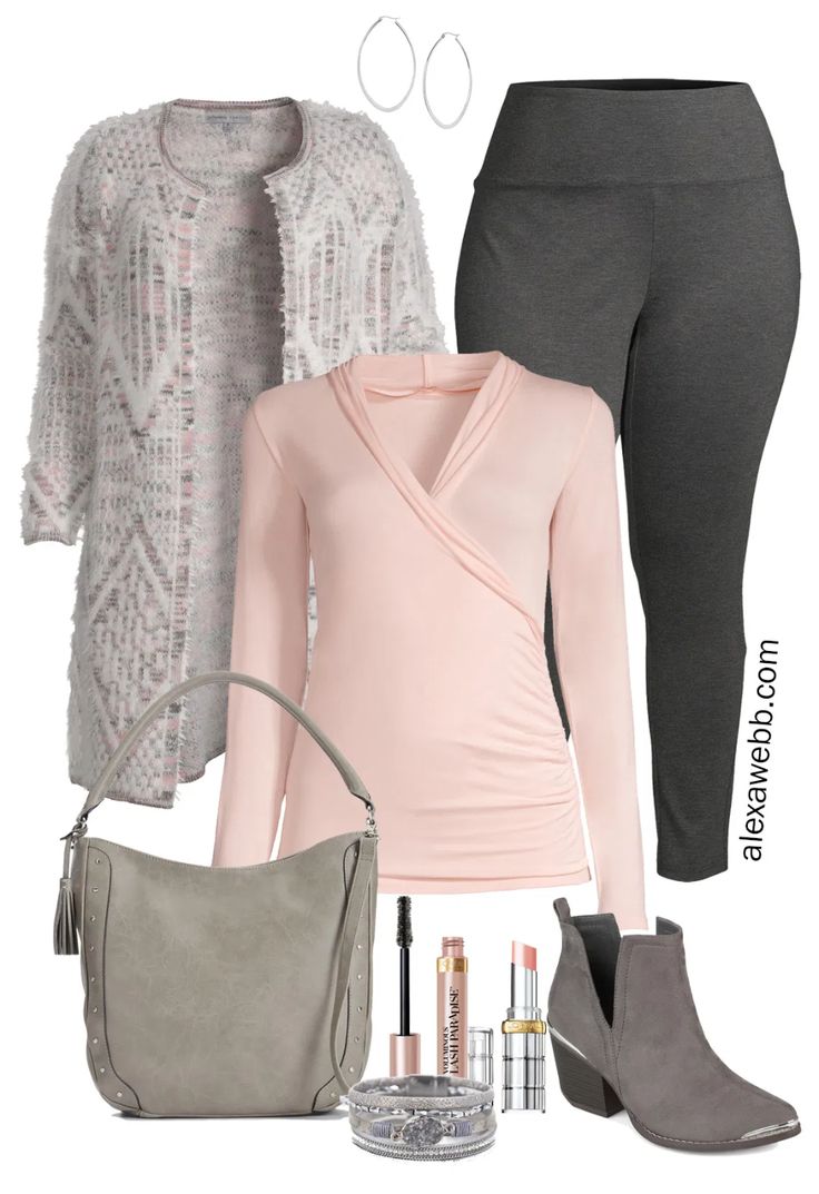 A plus size fall leggings outfit with Walmart featuring a jacquard cardigan, blush pink faux wrap top, and ponte leggings with some Western booties. Plus Size Leggings Outfit, Fall Leggings Outfit, Vegas Clothes, Pink Leggings Outfit, Plus Size Legging Outfits, Grey Leggings Outfit, Wardrobe Aesthetic, Walmart Outfits, Transitional Outfits