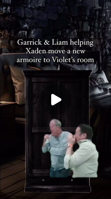 two men sitting in front of a tv screen with the caption garick & lamm helping xaden move a new armoire to violet's room