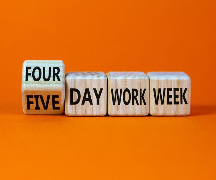 four dices with the words five day work week written on them