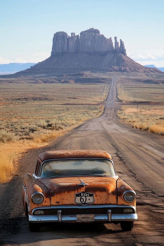 an old car parked on the side of a dirt road in front of a large rock formation