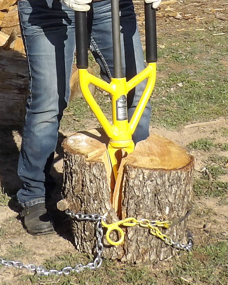 a man is holding two chains while standing next to a tree stump