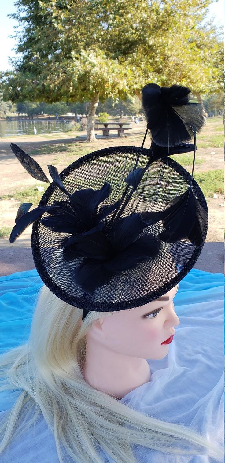 Black Sinamay Fascinator. Derby Race Bridal Church Hat. Black | Etsy Black Wide Brim Headpiece For Evening, Black Brimmed Fascinator For Evening, Black Hat With Structured Crown For Royal Ascot, Black Wide Brim Fascinator For Evening, Black Fascinator With Curved Brim For Formal Occasions, Black Curved Brim Fascinator For Formal Occasions, Black Formal Fascinator With Curved Brim, Adjustable Black Feather Headpiece, Fitted Black Brimmed Headpiece