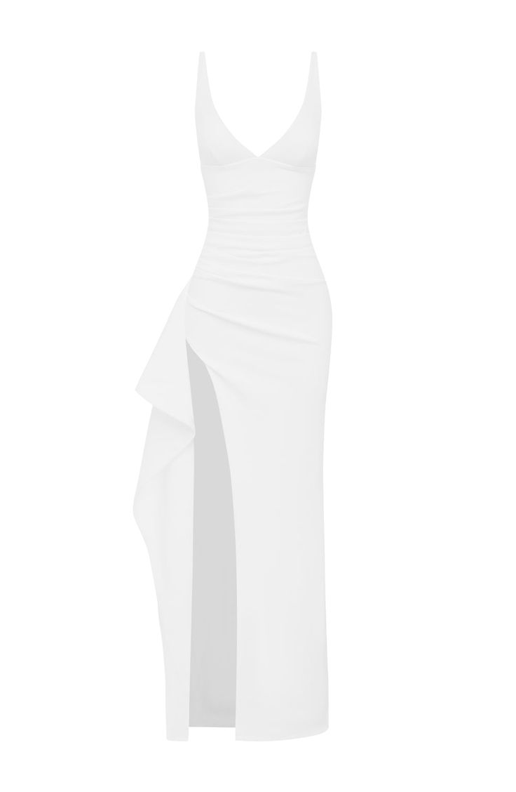 This floor-sweeping maxi is on our must-have list this season. Crafted from premium crepe with stretch for a body-hugging fit, this plunging design features asymmetric pleats to the body, draped detail thigh high split and adjustable straps to get your perfect fit.     Colour: Ivory.  Premium stretch crepe fabric.  Fully lined.  Plunge neckline.  Adjustable straps.  Asymmetric pleats to body.  Draped detail thigh high split.  Invisible zipper fastening.  Maxi length.  Model is an XS and is weari Homecoming Dresses Corset, White Dress Spring, Midi Dress Wedding Guest, Dresses Flowy, Split Long Dress, Maxi Dress Sale, Sparkle Dress, Maxi Dress Navy, Plunge Neckline