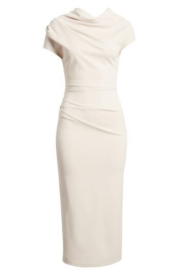 Whether you're off to the office or your next cocktail party, this stretch-enhanced sheath dress has you covered. Back zip closure Boat neck Short sleeves Unlined 90% polyester, 10% spandex Dry clean Made in the USA Fitted Beige Sheath Bodycon Dress, Beige Fitted Sheath Bodycon Dress, Fitted Beige Midi Dress For Office, Elegant Beige Sheath Midi Dress, Beige Structured Fitted Dress, Beige Fitted Dress With Asymmetrical Neckline, Beige Bodycon Dress For Formal Occasions, Beige Sheath Bodycon Dress For Evening, Beige Sheath Bodycon Evening Dress